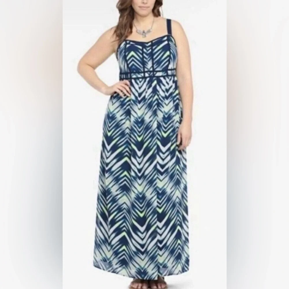 Women’s Torrid Blue Green Chevron Sleeveless Chiffon Maxi Resortwear Vacation 12